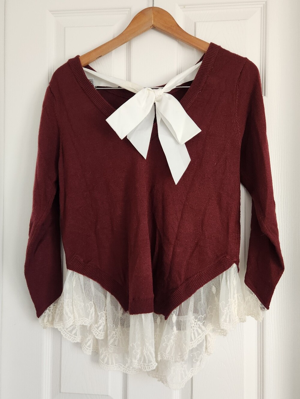 H&M Burgundy Sweater with Ivory Lace Trim